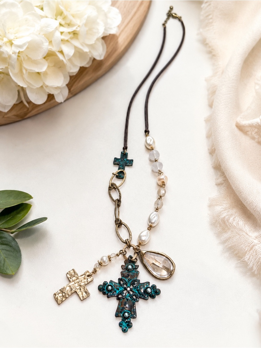 Artisan Cross Statement Necklace | Turquoise Patina, Pearls & Crystal (J-0014)